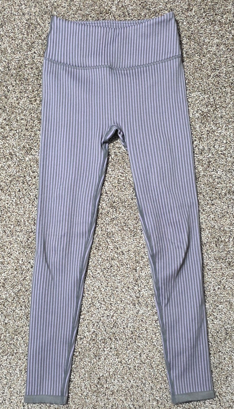 Fabletics Leggings Womens Small Purple Gray Striped High Waisted Seamless Ribbed